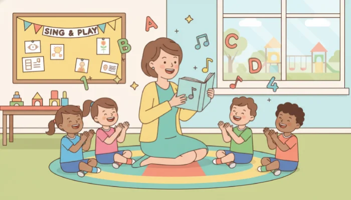 Teacher using AI nursery rhyme generated by song maker for kids
