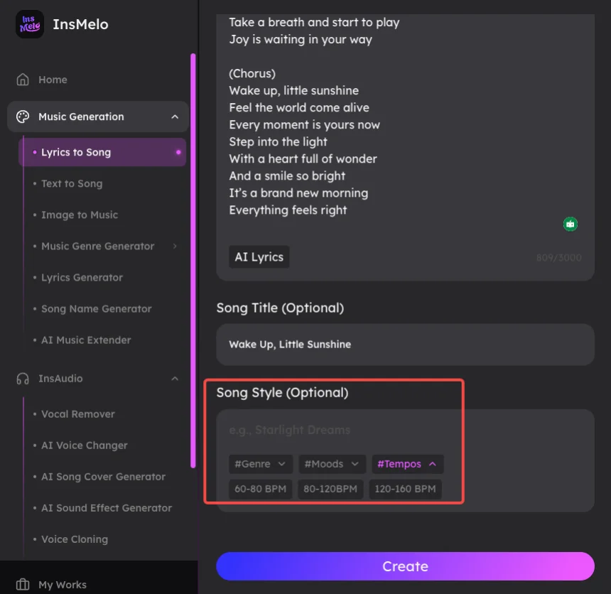 Pick a song style, mood, BPM in InsMelo nursery rhyme generator