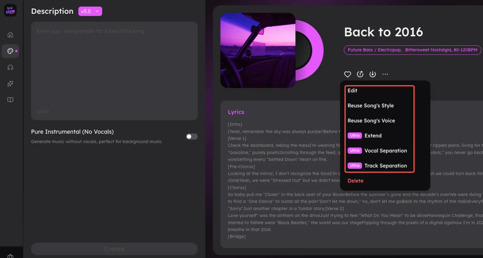 Make adjustments to the AI-generated music by InsMelo AI song generator