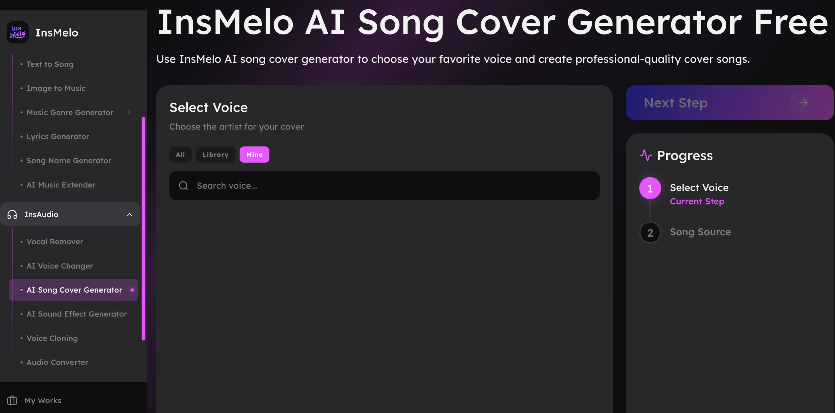 Choose your ai voice in the song cover generator