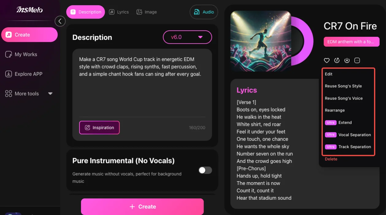 InsMelo AI song generator with more music editing features