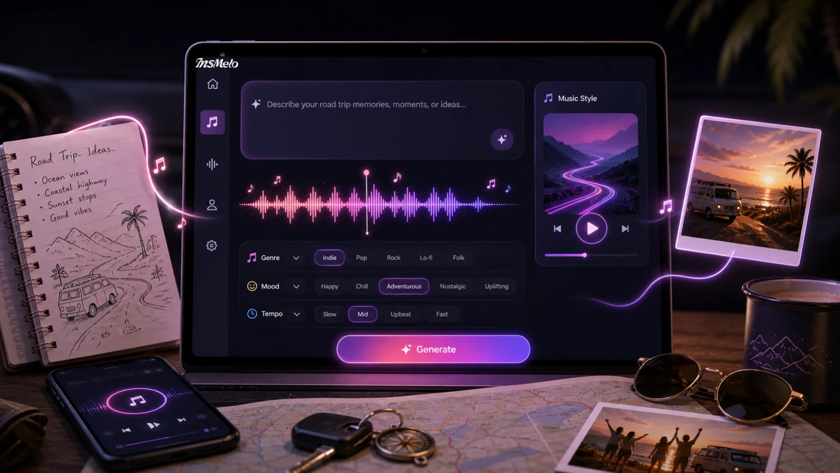 InsMelo AI Song Generator for Road Trip Songs