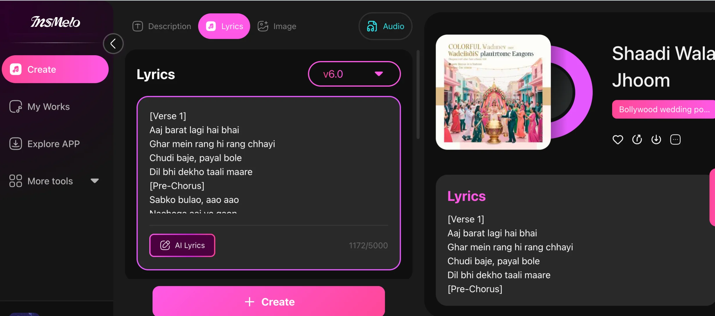 InsMelo AI Lyrics to Song Generator Supports Hindi Language