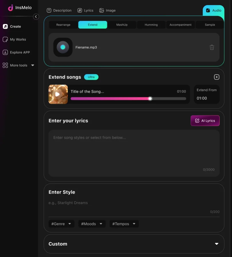 Edit music track length with InsMelo AI music extender