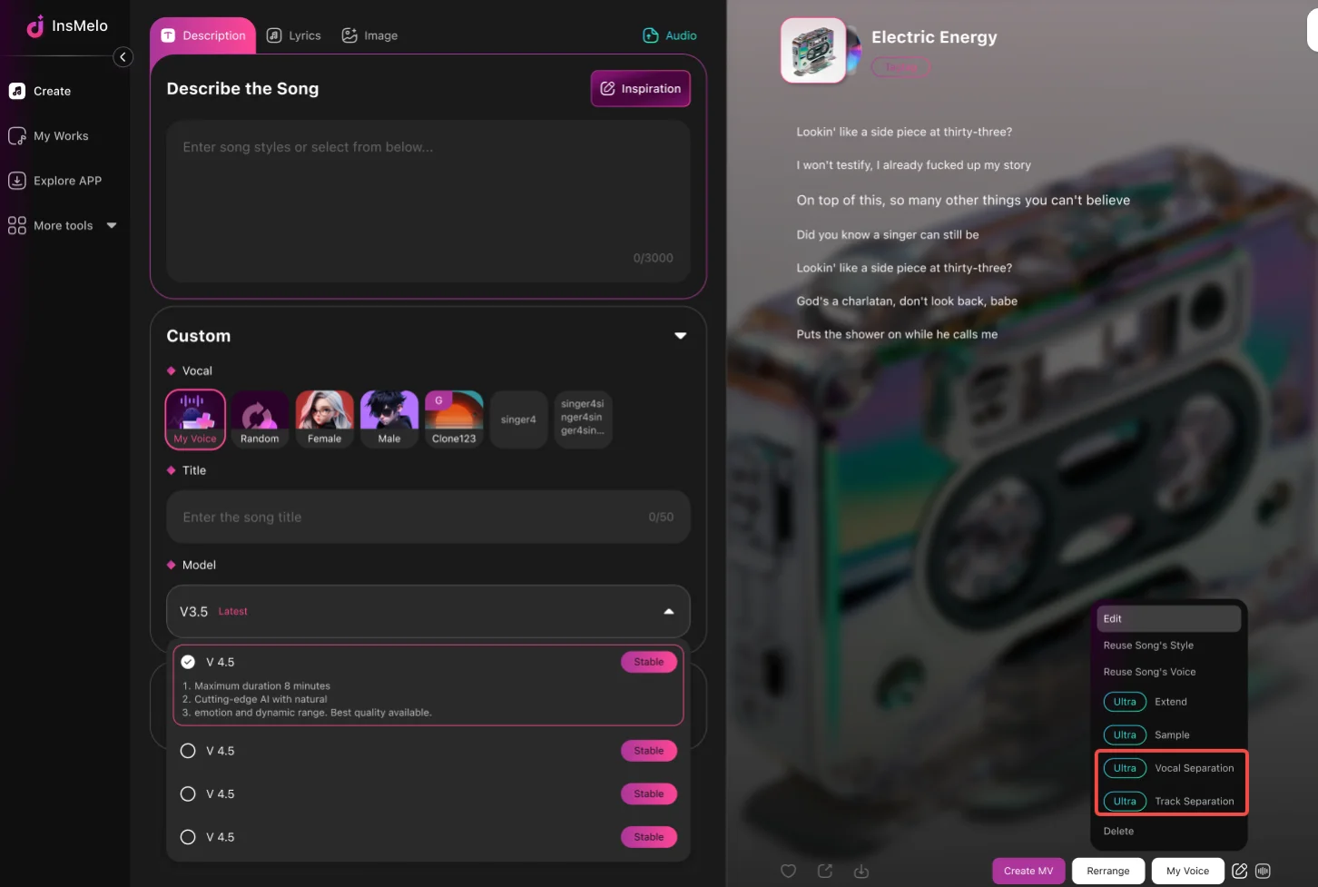 Isolate vocals and instruments by AI vocal separation and track separation