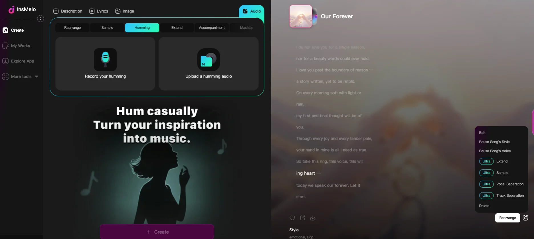 InsMelo AI Song Creation Dashboard